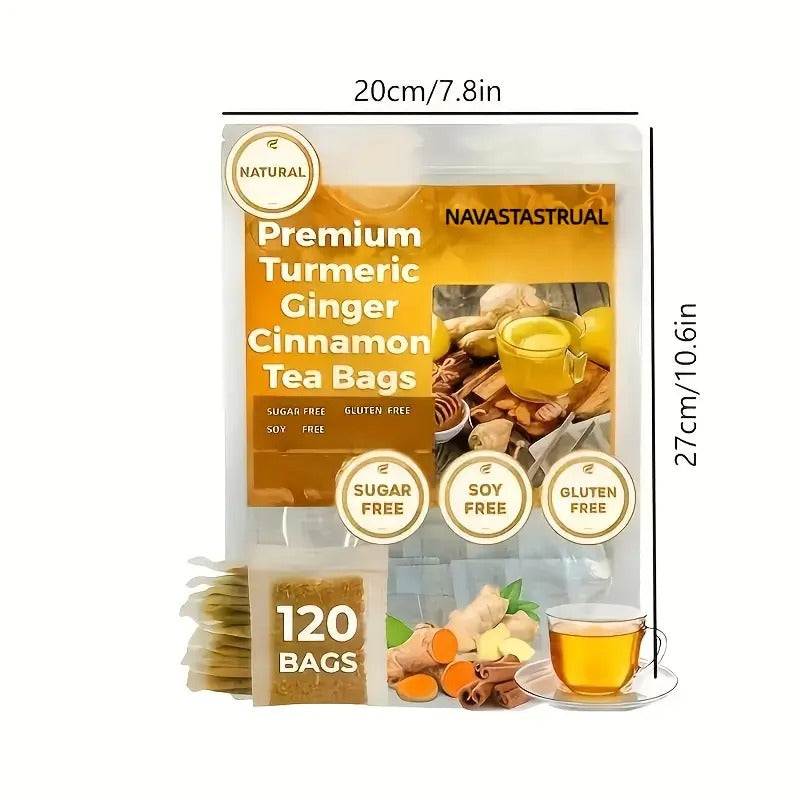 120 Count Premium Turmeric Ginger Cinnamon Tea Bags - Sugar & Caffeine Free, Allergy-Free Herbal Blend for Relaxation & Afternoon Office Nerves, Natural Tea Blend with Ginger,