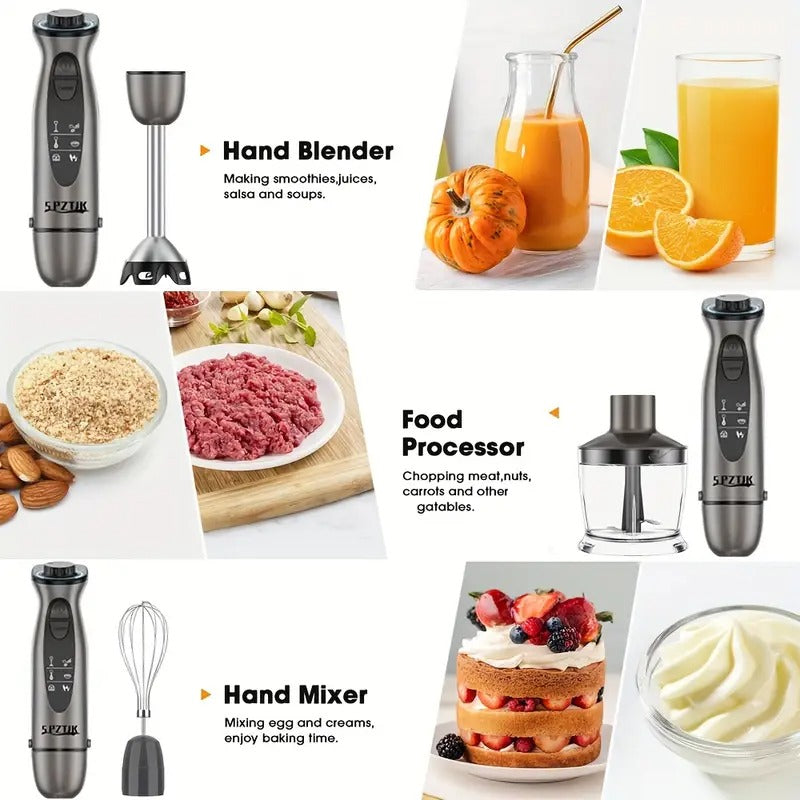 SPZTJK 5-in-1 Manual Blender with Powerful Motor, 12-Speed Rope Design, Stainless Steel & ABS Blades, Ice, Milk, Soup, and More - Gray, Kitchen Appliance, Versatile Blender, Modern Kitchenware, Durable Construction
