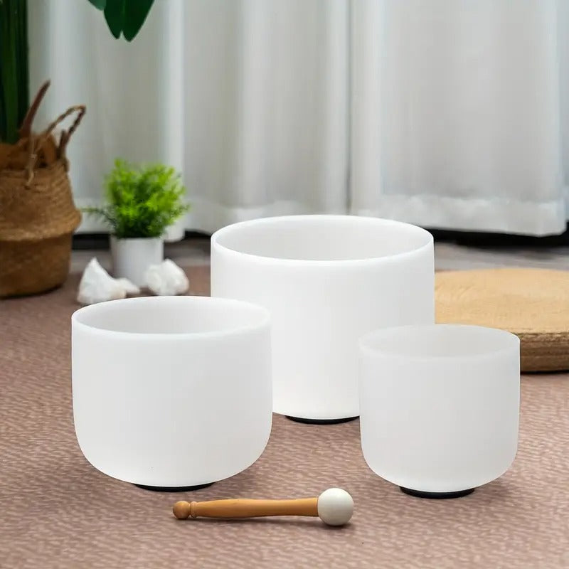 ZENFREQ 7-11 Inch Quartz Crystal Singing Bowls Set of 3 Pure White for Meditation Yoga with Case and Mallet