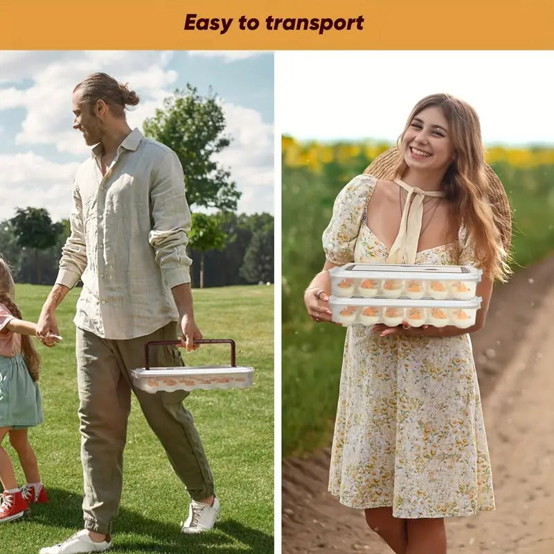 Deviled Egg Containers with Lid (Set of 2), Plastic Devil Egg Carrier for 48 Eggs with Brown Handle, Clear Storage Egg Platter, Portable Fridge Egg Tray, Perfect for Picnic and Party