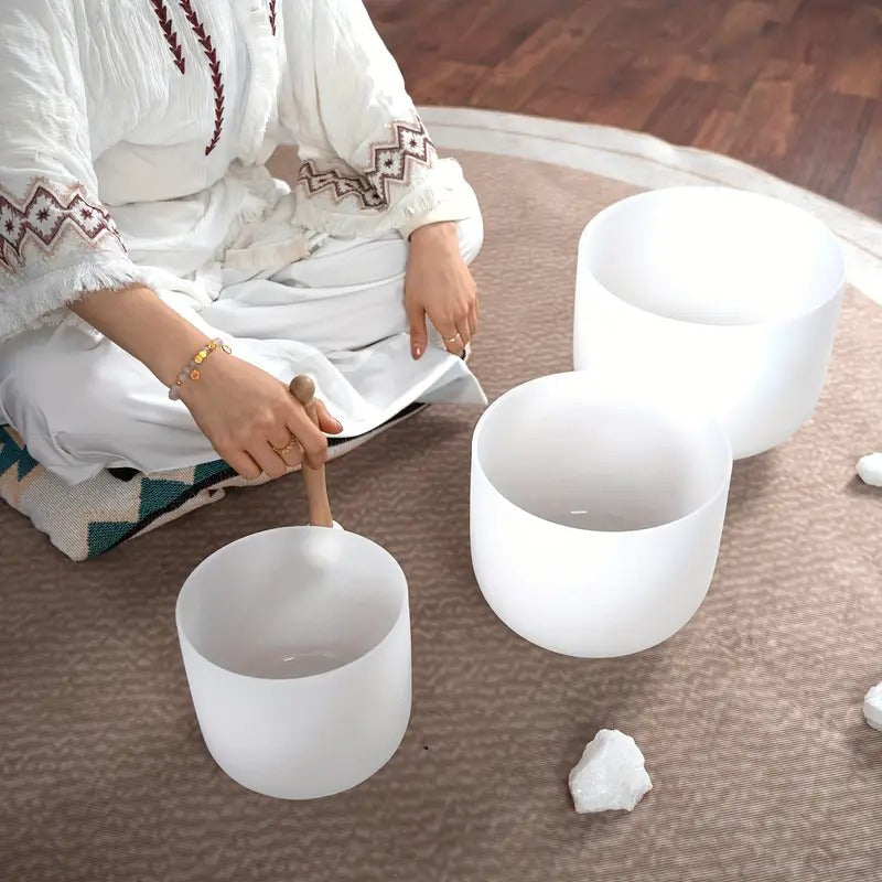 ZENFREQ 7-11 Inch Quartz Crystal Singing Bowls Set of 3 Pure White for Meditation Yoga with Case and Mallet