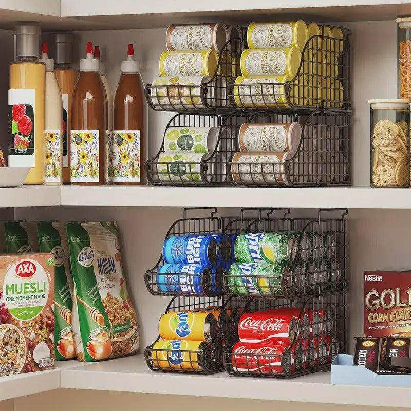 3-Pack Stackable Foldable Standing Can Dispenser Bins with Pull-Out Handles - Powder-Coated Metal Space-Saving Organizer for Soda, Beverage & Canned Food Storage in Kitchen Pantry,