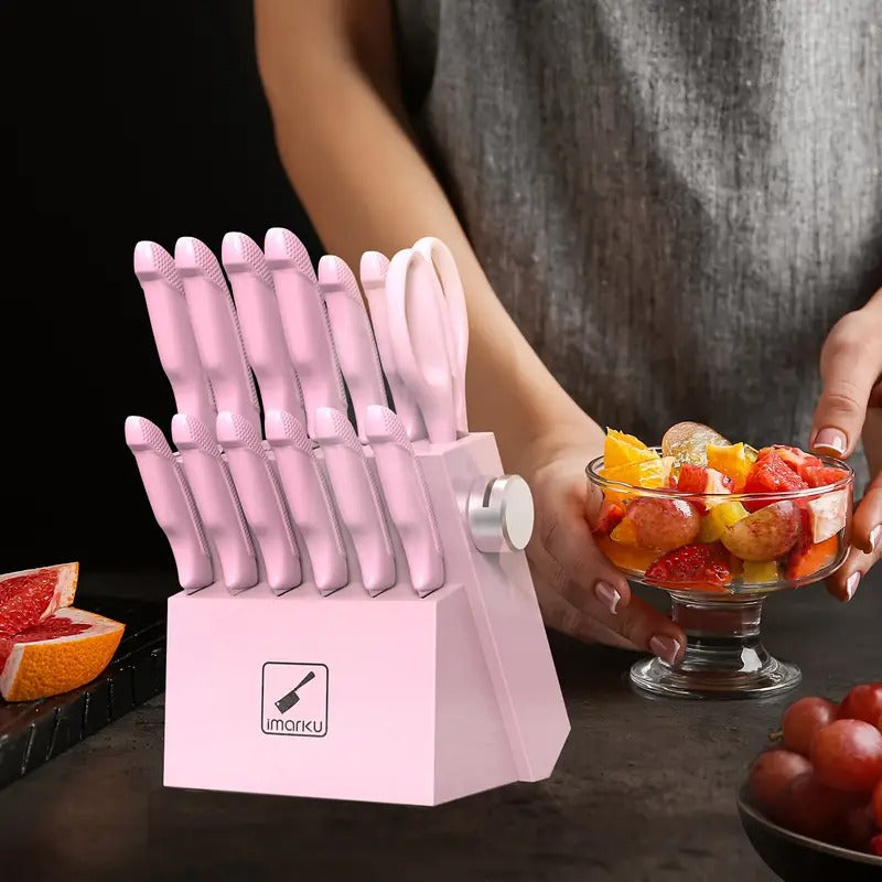 Marku Knife Set with Block, Sharp Knife Set with Sharpener, Japanese Stainless Steel Kitchen Knife Set with Non-Slip Ergonomic Handle, Dishwasher Safe, Best Holiday Gifts, 14pcs P I N K, Cute I Marku Knife Set