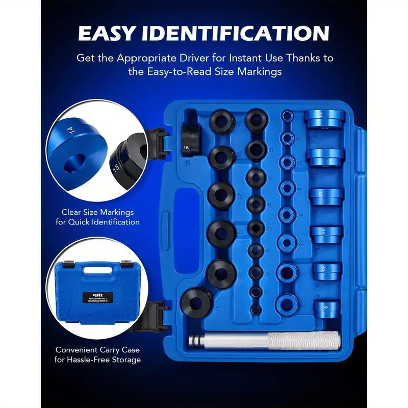 33pcs Professional Bearing Press Kit for Small Vehicles, Includes Metric & SAE Adapters, Seal Drivers, and 3 Knurled Handles for Bearing Race Installation, Without Battery