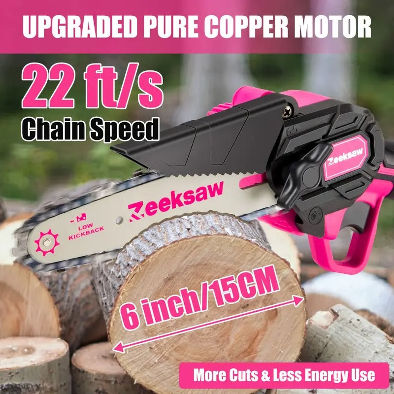 Pink Mini Electric Hand Chain Saw with Power Indicator, Small Chainsaw for Women, Handheld Cordless Chainsaw with Battery and Charger, Yard Tools Gardening Gifts