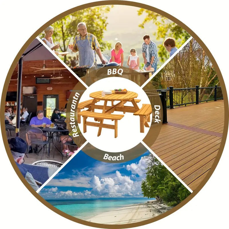 [Wooden Picnic Table] 8 Person Wooden Picnic Table | Outdoor Camping Dining Table with Seat, Garden, DIY W/ 4 Built-in Benches, 2220lb Capacity - Natural Easter