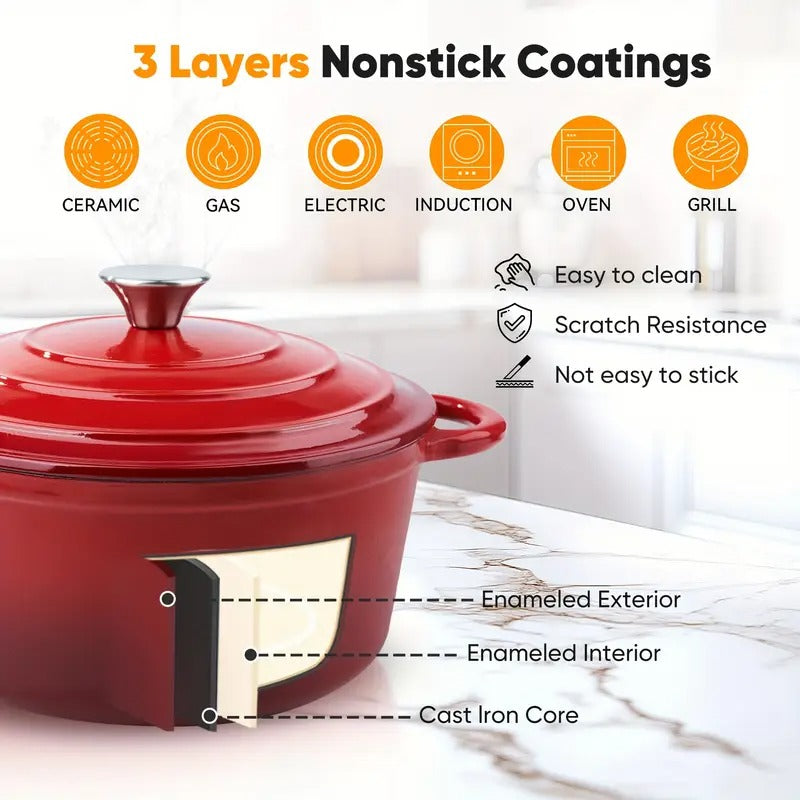 6 QT Enameled Dutch Oven Pot with Lid - Heavy-Duty Non-Stick Red Cookware, Dual Handles for Even Heat Distribution, Oven & Stovetop Safe - Ideal for Professional & Home Kitchen, Bread Baking, Roasting, Soups, Stews