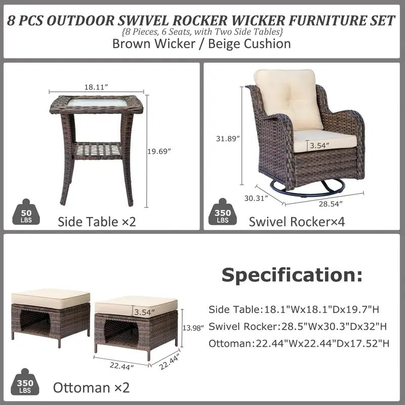8pcs Hand-woven PE Wicker Outdoor 360° Swivel Rocking Chair, High Quality Cushions, Not Easy to Slide, with Small Side Table, Multi-purpose Outdoor Ottomans, with Storage Space,