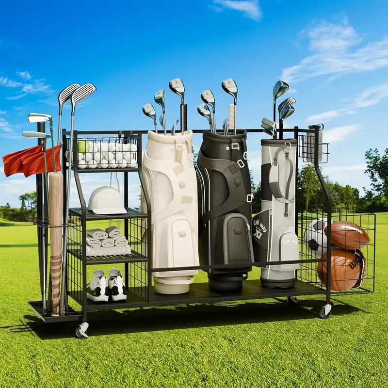Golf Bag Storage Organizer, For 3 Golf Bags And Equipment Storage Rack With Wheels, Golf Bag Organizer With Side Storage For Golf Equipment Accessories