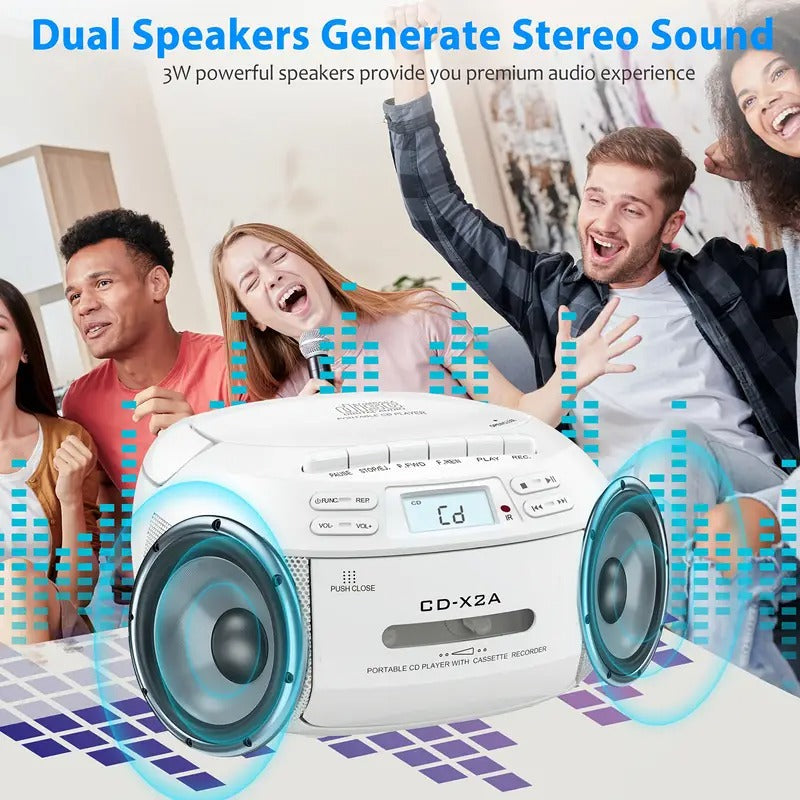 CD & Tape Combo BoomBox with AM/FM Radio, Vintage Stereo Speaker System, LCD Display, AC-Powered (120V) - Compatible with AUX, Headphones - for Home, Bedroom, Office - Ideal for