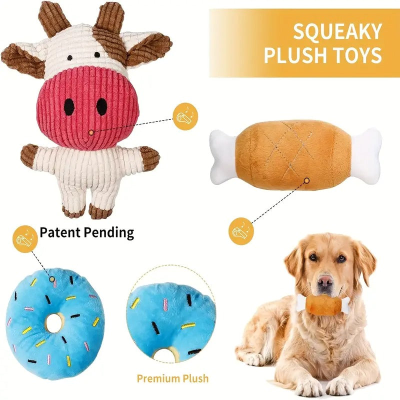 7 Pack Small Dog Toys for Puppies - Durable Chew Toys with Cute Calf Plush, Squeaky Donut & Chew Rope Toys - Teething Toys for Teething Relief, Interactive Play & Dental Health - Soft Fabric