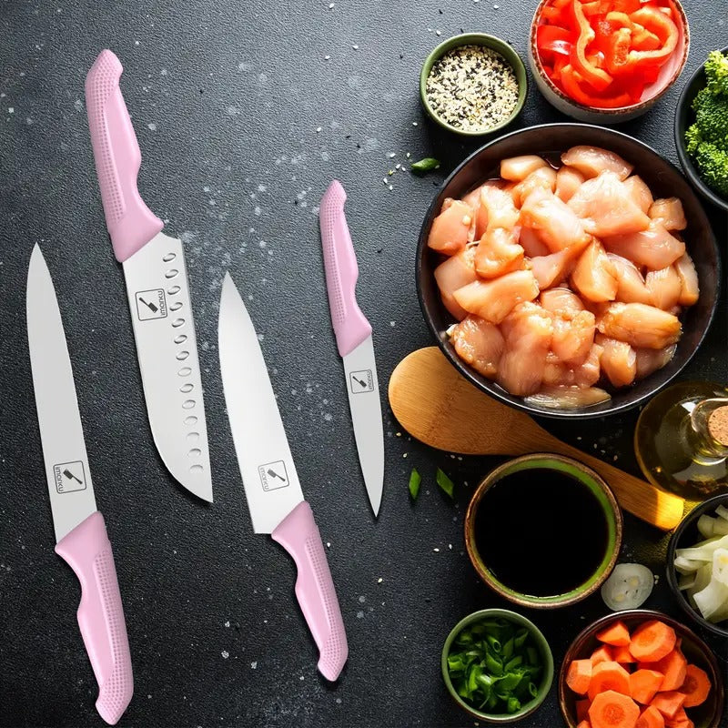 Marku Knife Set with Block, Sharp Knife Set with Sharpener, Japanese Stainless Steel Kitchen Knife Set with Non-Slip Ergonomic Handle, Dishwasher Safe, Best Holiday Gifts, 14pcs P I N K, Cute I Marku Knife Set