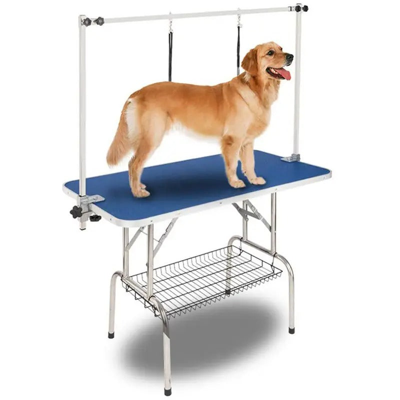 32in Foldable & Portable Pet Grooming Table for Home - Stainless Steel H-Shape Frame Height Adjustable Pet Beauty Table w/Arm/Noose/Mesh Tray