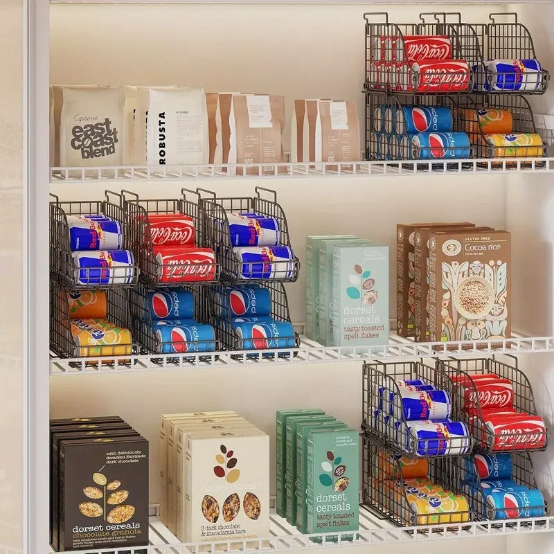 3-Pack Stackable Foldable Standing Can Dispenser Bins with Pull-Out Handles - Powder-Coated Metal Space-Saving Organizer for Soda, Beverage & Canned Food Storage in Kitchen Pantry,