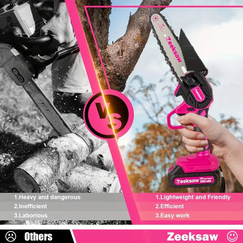 Pink Mini Electric Hand Chain Saw with Power Indicator, Small Chainsaw for Women, Handheld Cordless Chainsaw with Battery and Charger, Yard Tools Gardening Gifts