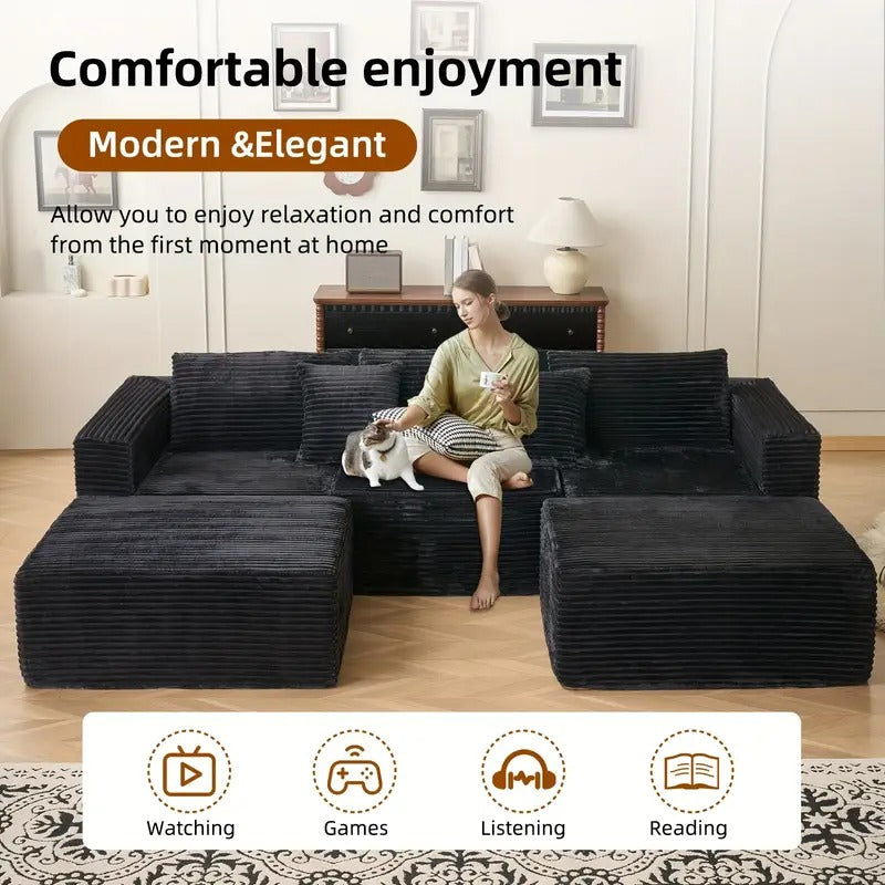 110.24-inch Modular Combination Sofa, U-shaped Sofa With Lounge Chair, Striped Fabric Four-seater Soft Cushion Sofa For Living Room And Bedroom (corduroy), Free-combination Sofa