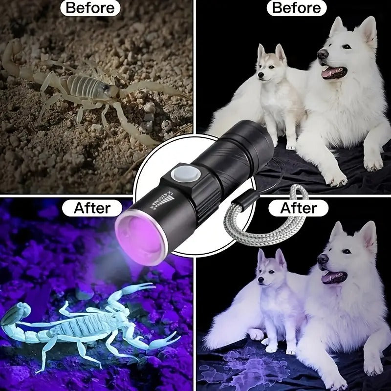 [UV Flashlight] UV 395nm Flashlight, One | USB Rechargeable, Adjustable Focus, 3-Speed Mini | Used for Pet Detection, Home, Outdoor, Camping, Fishing