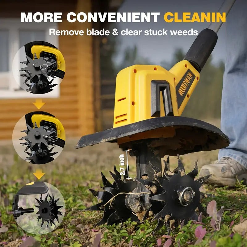 [20V Cordless Tiller Cultivator] 20V Cordless Tiller Cultivator with 2 * 2.0Ah Batteries & Charger | 360RPM Electric Garden Tiller, 9In Tilling Width, 6.6In Depth | For Lawn, Gardening, Soil Cultivation