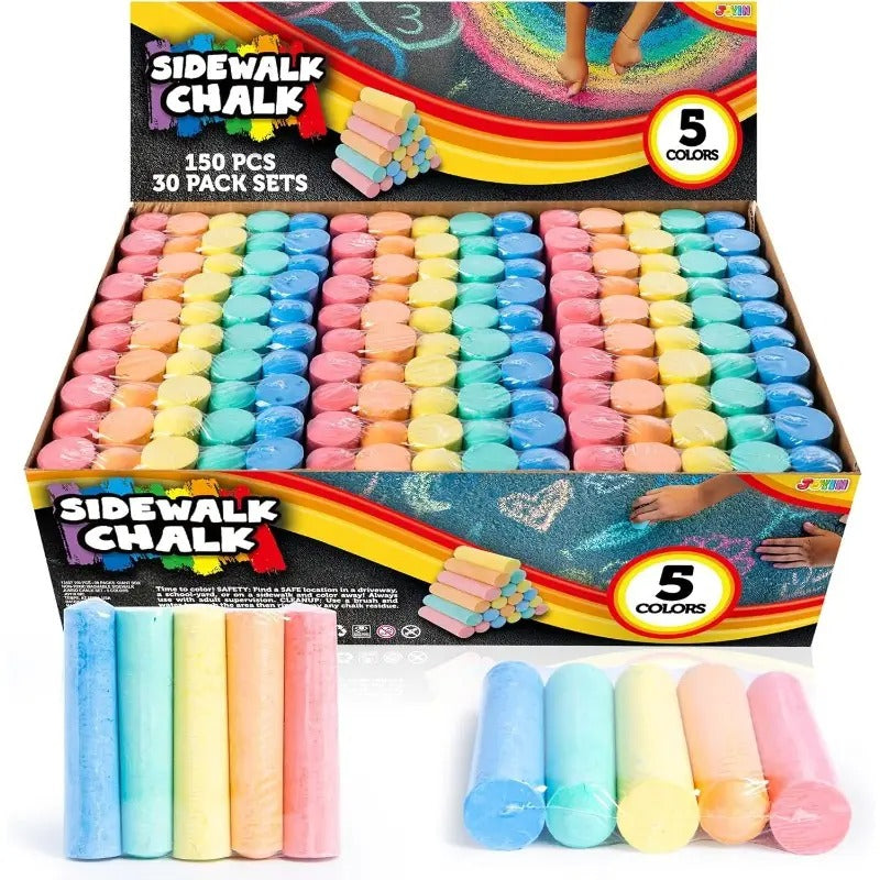 150pcs Sidewalk Chalk Set In 30pcs for Kids, 5 Colors, Giant Box Non-Toxic Jumbo Washable Chalk for Outdoor Art Play, Painting On Chalkboard, Kitchen, Blackboard, Playground,