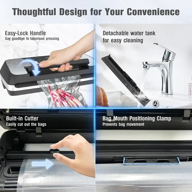 85kPa Food Vacuum Sealer Machine, 12 in 1 Food Sealer Vacuum Sealer With Easy Lock Handle, Double Heat Seal, Vacuum Sealer Food With Built in Cutter And Bag Storage, 1 Roll And 10 Pre-cut Bags