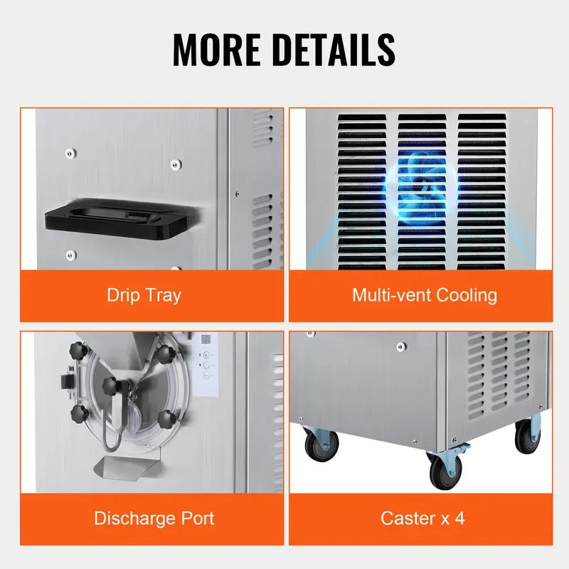 VEVOR Commercial Ice Cream Machine, 18 L/H Yield, 1780W/2400W Single Flavor Hard Serve Ice Cream Maker with Wheels, 6L Stainless Steel Cylinder, LED Panel Auto Clean Pre-cooling, for Restaurant Snack Bars