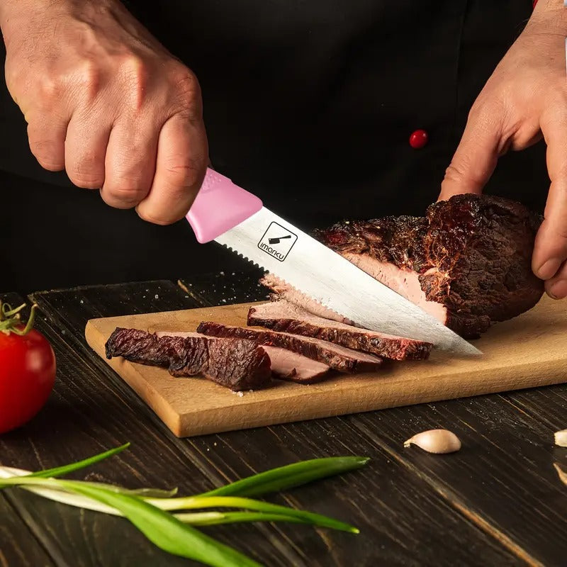 Marku Knife Set with Block, Sharp Knife Set with Sharpener, Japanese Stainless Steel Kitchen Knife Set with Non-Slip Ergonomic Handle, Dishwasher Safe, Best Holiday Gifts, 14pcs P I N K, Cute I Marku Knife Set