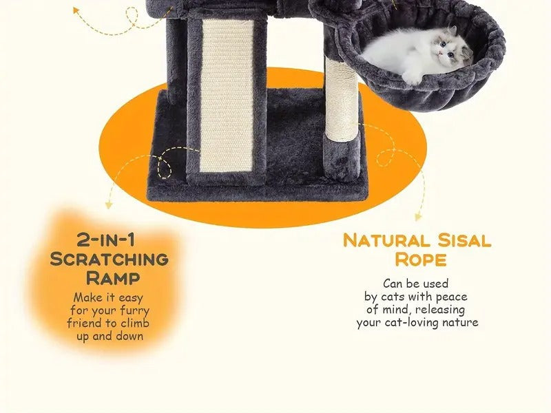 [HOOMIC Cat Tree] HOOMIC 36" Multi-Level Dark Grey Cat Tree | Indoor Cat Condo With Sisal Scratching Posts, Cozy Hammock, Padded Plush Perch For Kittens, Grey, Beige