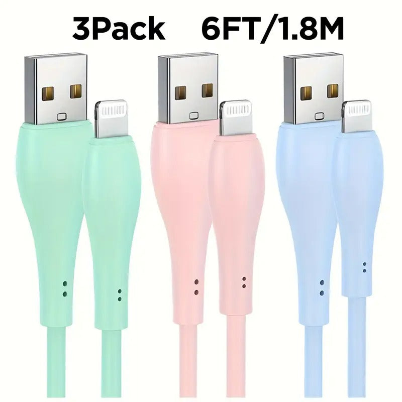 3-Pack For IPhone Charging Cable, 6ft/1.8m Fast Charging Cable, 3A Fast Charging Cable, Silicone USB Charging Cable, Suitable For IPhone 14/13/12/11/10 MAX/Pro/X/XS, IPad, Pink/Green/Blue