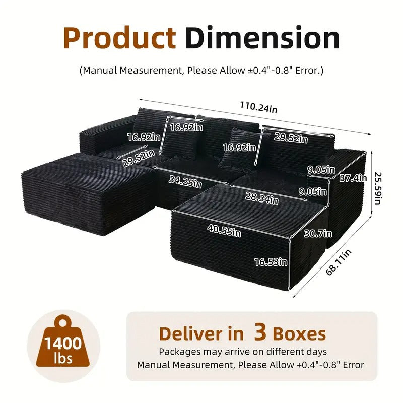 110.24-inch Modular Combination Sofa, U-shaped Sofa With Lounge Chair, Striped Fabric Four-seater Soft Cushion Sofa For Living Room And Bedroom (corduroy), Free-combination Sofa