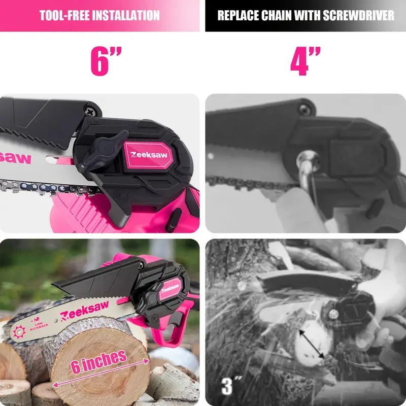 Pink Mini Electric Hand Chain Saw with Power Indicator, Small Chainsaw for Women, Handheld Cordless Chainsaw with Battery and Charger, Yard Tools Gardening Gifts