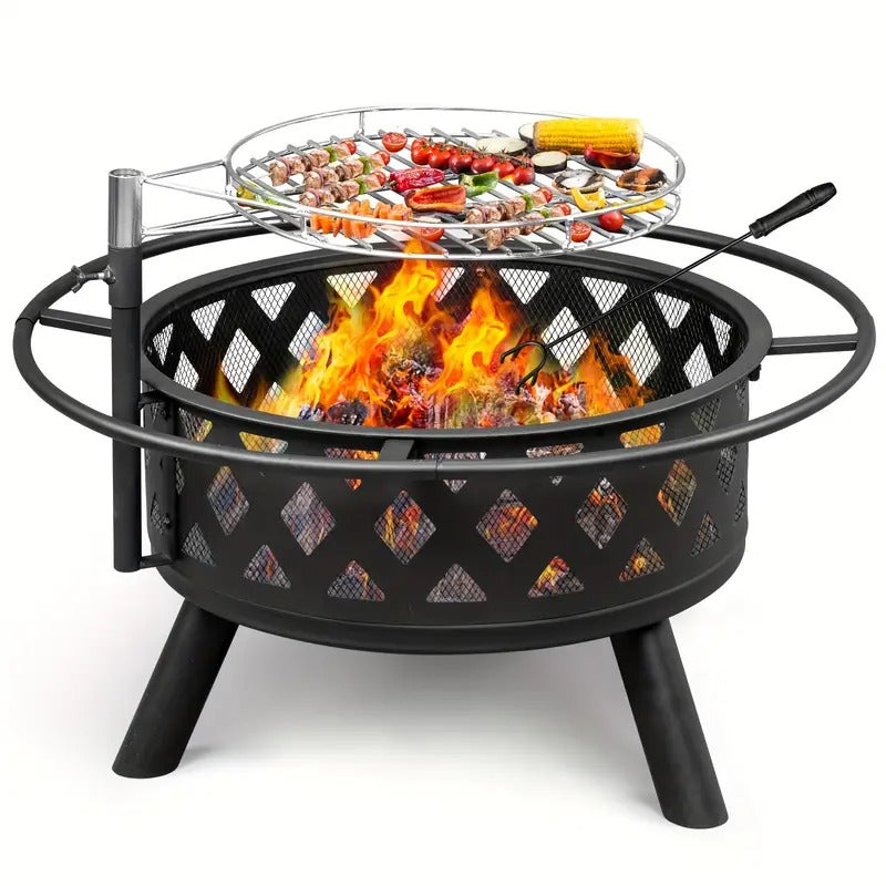 [Heavy-Duty Fire Pit] Heavy-Duty Outdoor Fire Pit with Grill Pan - Large Cooking Grate, Sturdy Metal Construction - for Backyard, Patio, Camping - Thanksgiving, Christmas, Fall Decorations - Assembly Required