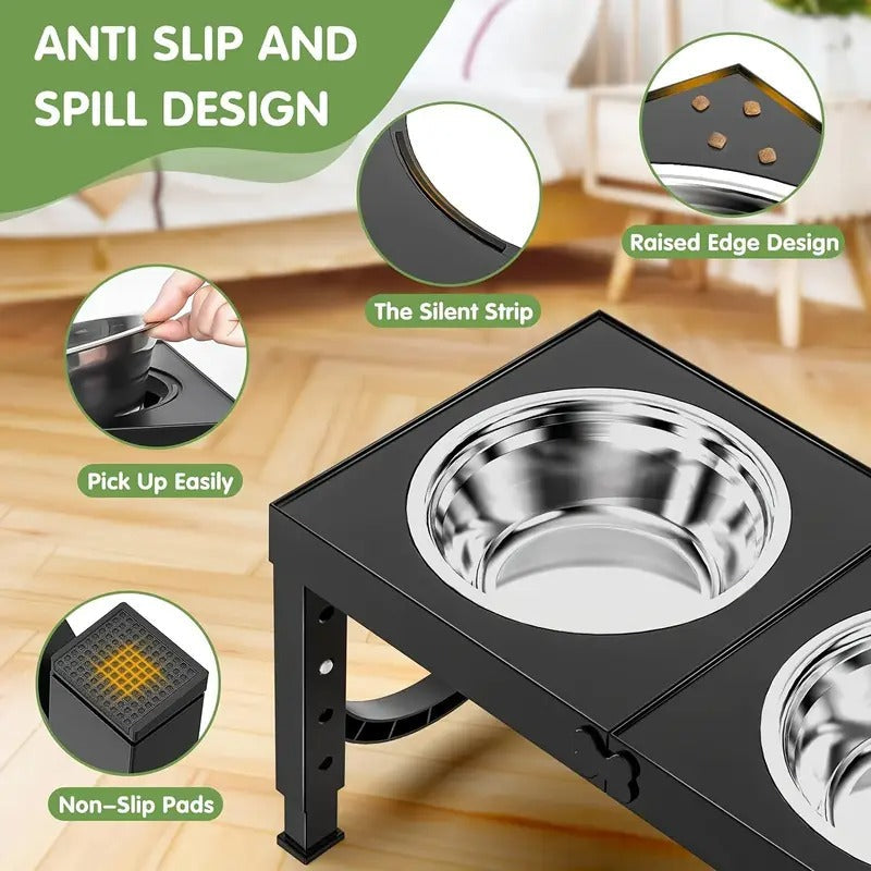 2 Set [Adjustable Elevated Dog Bowls], Foldable Design Raised Dog Bowls with 4 Stainless Steel Bowls, Dog Water Dish, for All Breed Dogs, Easy to Clean