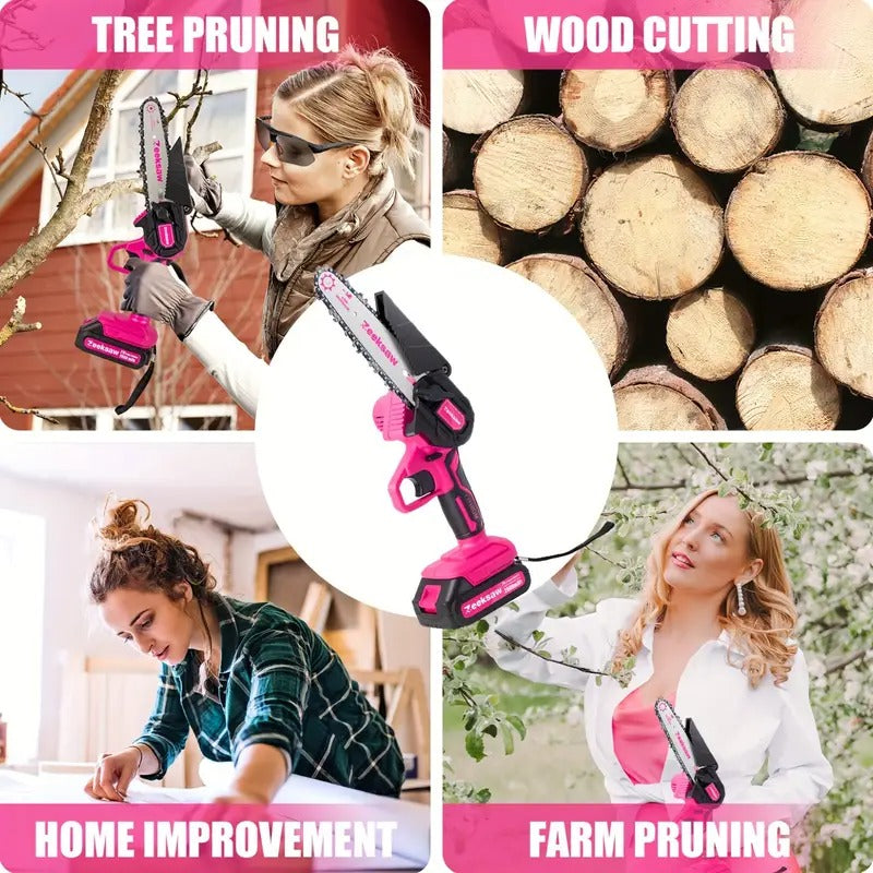 Pink Mini Electric Hand Chain Saw with Power Indicator, Small Chainsaw for Women, Handheld Cordless Chainsaw with Battery and Charger, Yard Tools Gardening Gifts