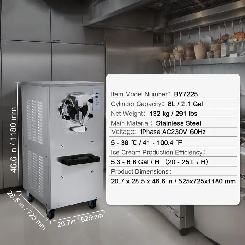 VEVOR Commercial Ice Cream Machine, 18 L/H Yield, 1780W/2400W Single Flavor Hard Serve Ice Cream Maker with Wheels, 6L Stainless Steel Cylinder, LED Panel Auto Clean Pre-cooling, for Restaurant Snack Bars