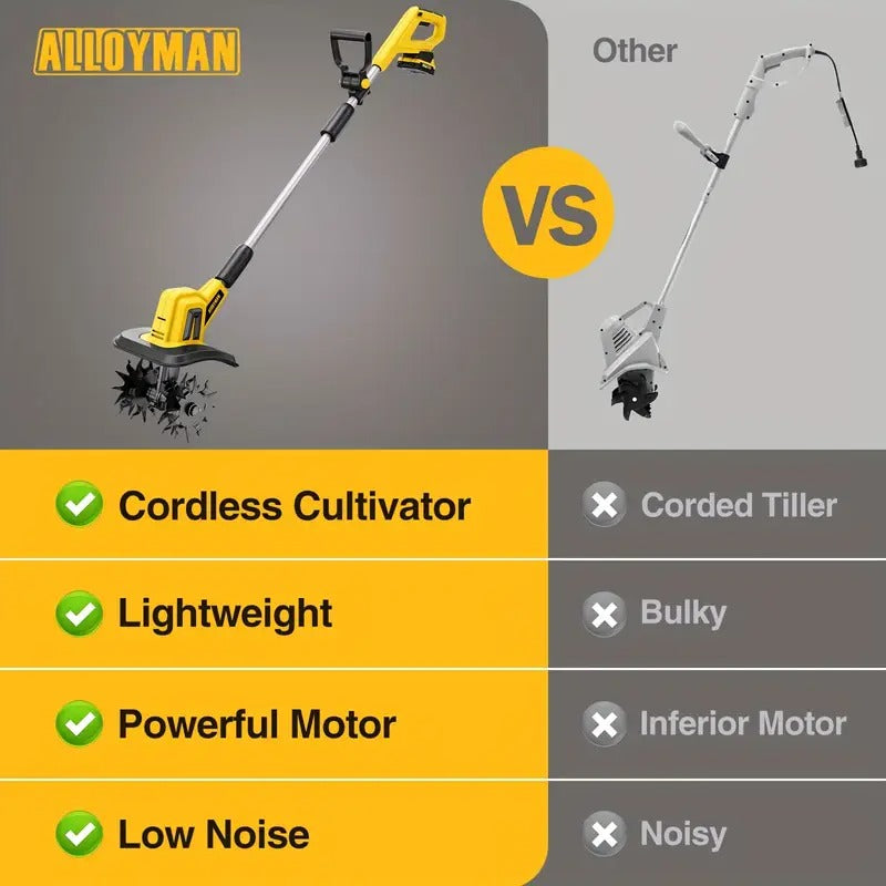 [20V Cordless Tiller Cultivator] 20V Cordless Tiller Cultivator with 2 * 2.0Ah Batteries & Charger | 360RPM Electric Garden Tiller, 9In Tilling Width, 6.6In Depth | For Lawn, Gardening, Soil Cultivation