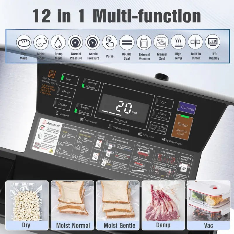 85kPa Food Vacuum Sealer Machine, 12 in 1 Food Sealer Vacuum Sealer With Easy Lock Handle, Double Heat Seal, Vacuum Sealer Food With Built in Cutter And Bag Storage, 1 Roll And 10 Pre-cut Bags
