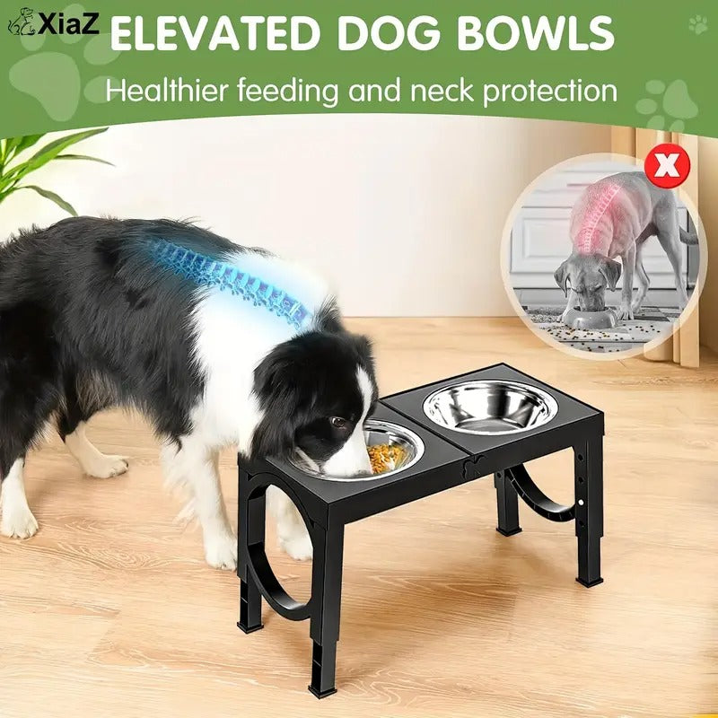 2 Set [Adjustable Elevated Dog Bowls], Foldable Design Raised Dog Bowls with 4 Stainless Steel Bowls, Dog Water Dish, for All Breed Dogs, Easy to Clean