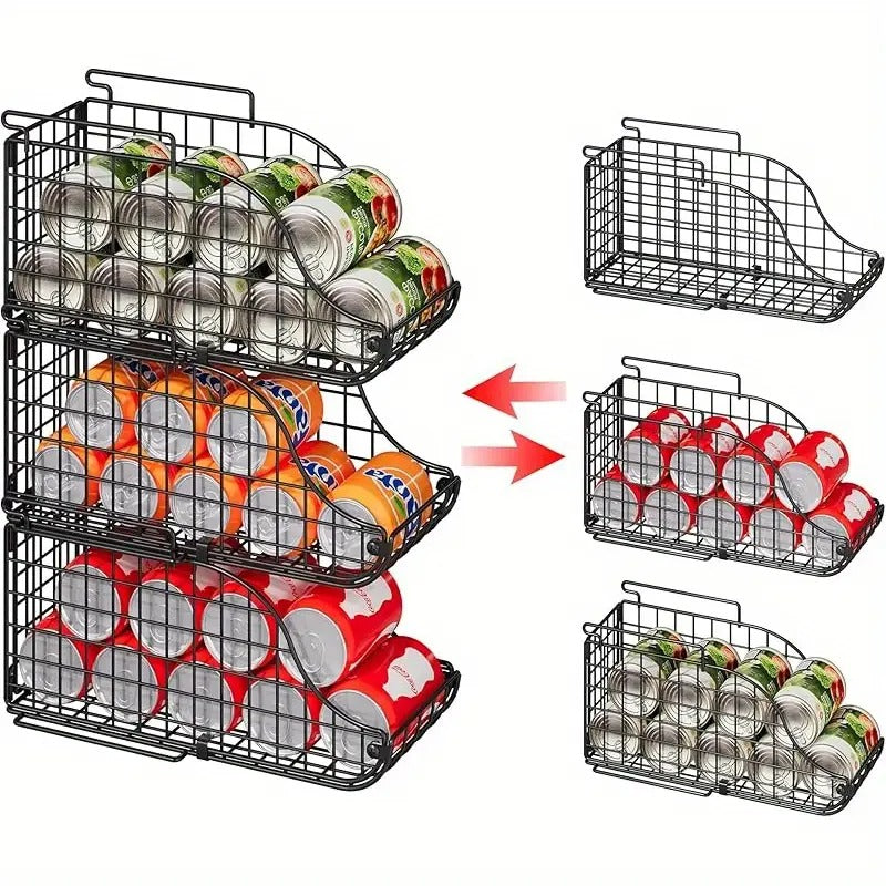 3-Pack Stackable Foldable Standing Can Dispenser Bins with Pull-Out Handles - Powder-Coated Metal Space-Saving Organizer for Soda, Beverage & Canned Food Storage in Kitchen Pantry,