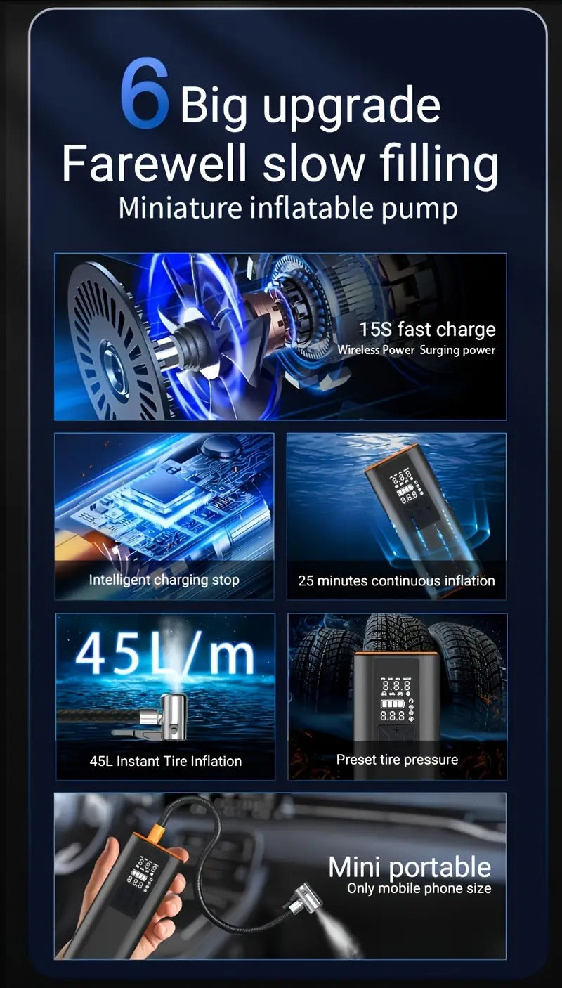 [150 PSI Portable Air Compressor] 3X Faster Inflation Cordless One Click Smart Tire PumpTire Inflator Portable Air Compressor - 150 PSI Air Pump For Car Tires With Pressure Gauge