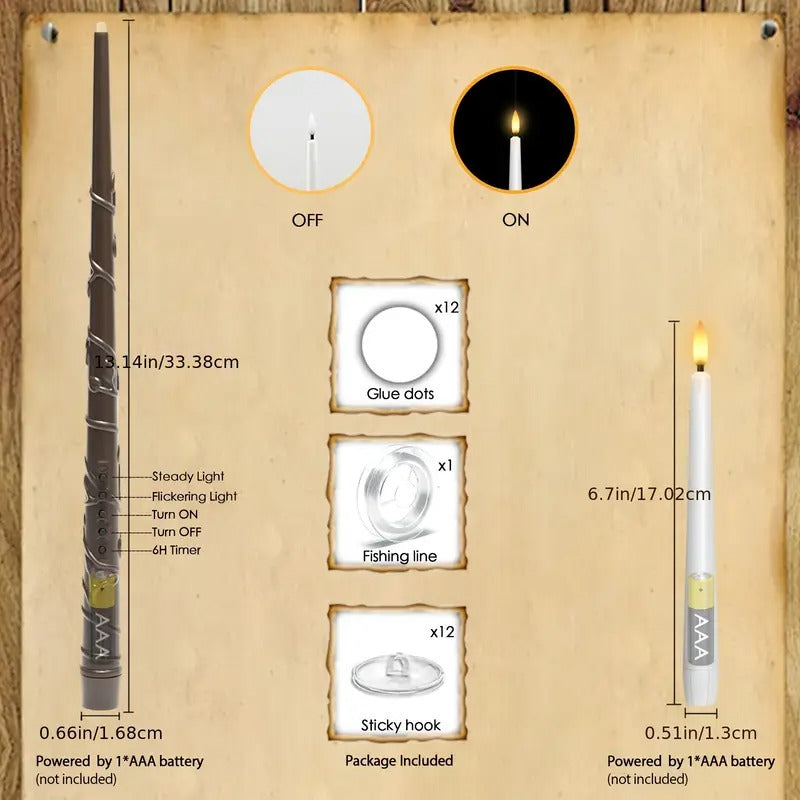 Floating Candles With Wand Remote And Timer Hanging Flameless Flickering Battery Operated Candles, Pack Of 12 (0.51" X 6.7") White Magic Floating Candles