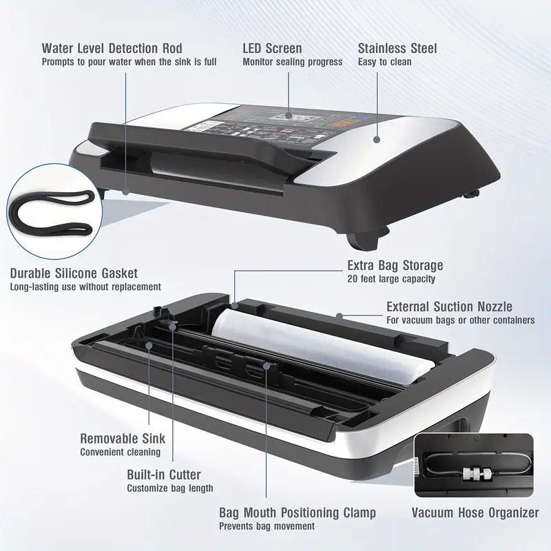 85kPa Food Vacuum Sealer Machine, 12 in 1 Food Sealer Vacuum Sealer With Easy Lock Handle, Double Heat Seal, Vacuum Sealer Food With Built in Cutter And Bag Storage, 1 Roll And 10 Pre-cut Bags