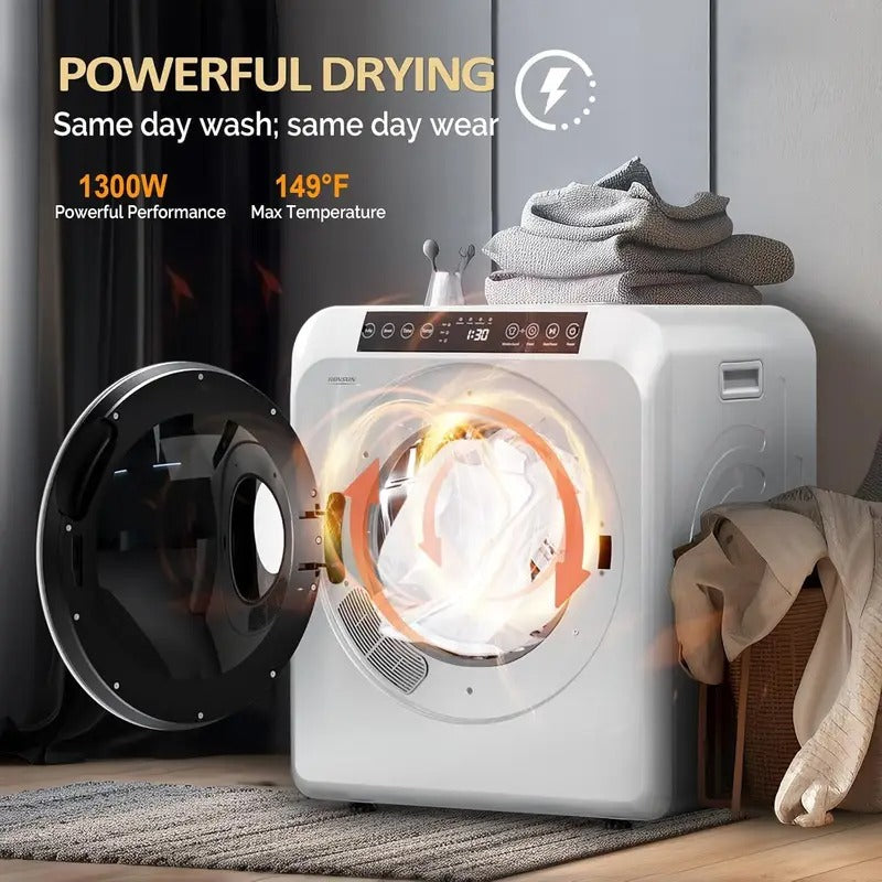 MEFEIR Compact Clothes Dryer - 3.5 Cu.Ft Portable Laundry w/ LCD Touch Controls, Stainless Steel Drum, 13.2Lb Capacity for Apartments & Dorms, 110V Classic White w/ Wheels