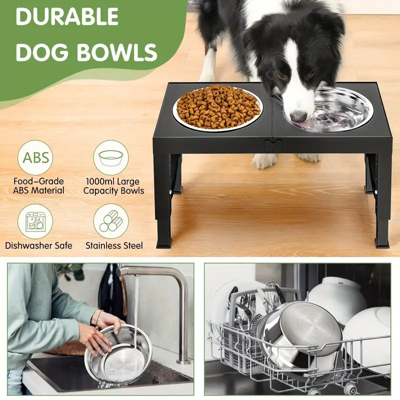 2 Set [Adjustable Elevated Dog Bowls], Foldable Design Raised Dog Bowls with 4 Stainless Steel Bowls, Dog Water Dish, for All Breed Dogs, Easy to Clean