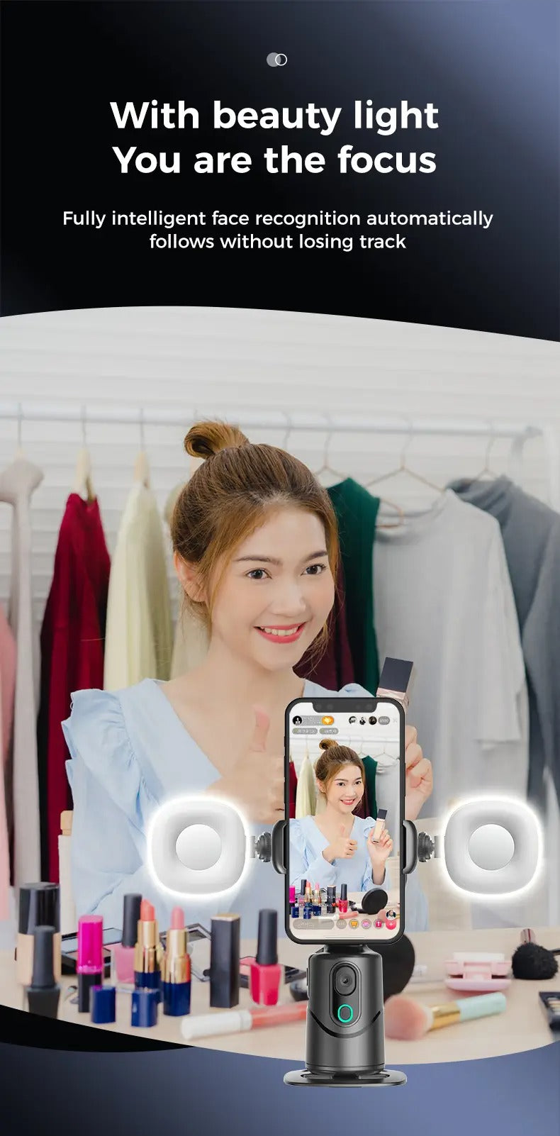 2024 new 360 Auto Face Tracking Phone Holder Tripod, Rechargeable Camera Mount with Gesture Control & Remote Shutter for Vlogging, Live Streaming, and TikTok.