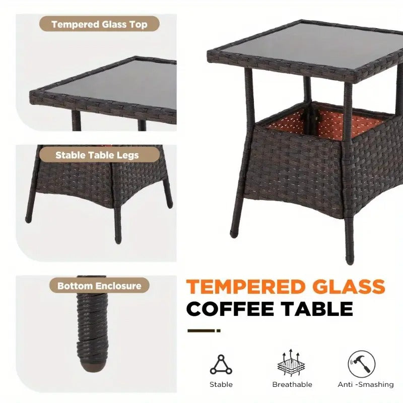 [Outdoor | Rattan] 3pcs Outdoor Rocking Bistro Set | Pation Rattan Furniture Set of 3 with 2 PE Rocking Chairs and 1 Tempered Glass Coffee Table | for Porch, Garden, Beige/ Blue/ Gray