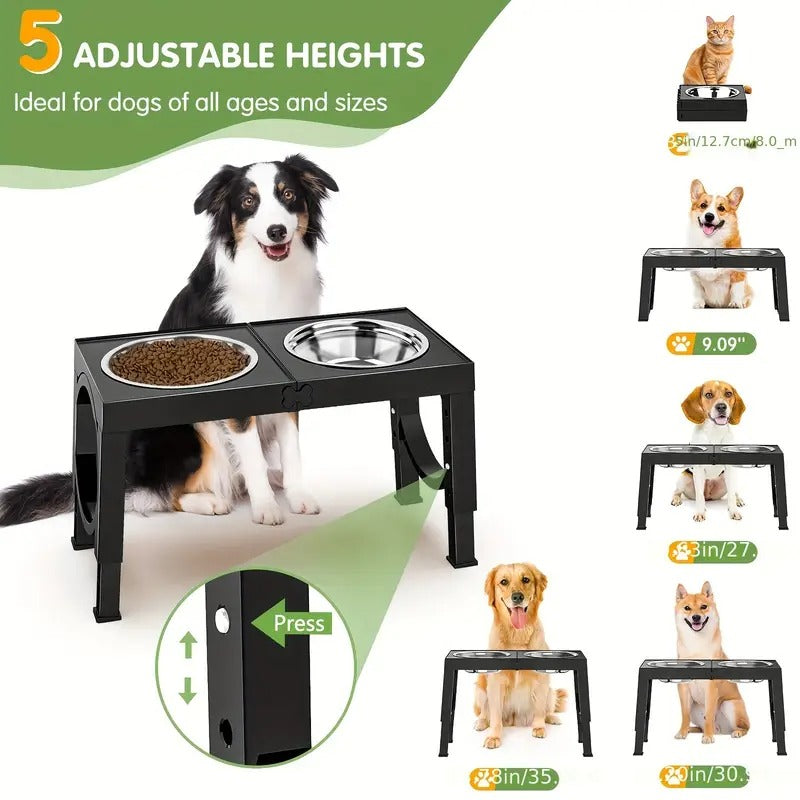 2 Set [Adjustable Elevated Dog Bowls], Foldable Design Raised Dog Bowls with 4 Stainless Steel Bowls, Dog Water Dish, for All Breed Dogs, Easy to Clean
