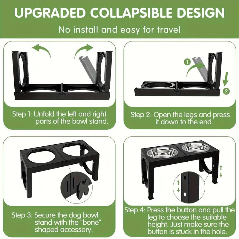 2 Set [Adjustable Elevated Dog Bowls], Foldable Design Raised Dog Bowls with 4 Stainless Steel Bowls, Dog Water Dish, for All Breed Dogs, Easy to Clean