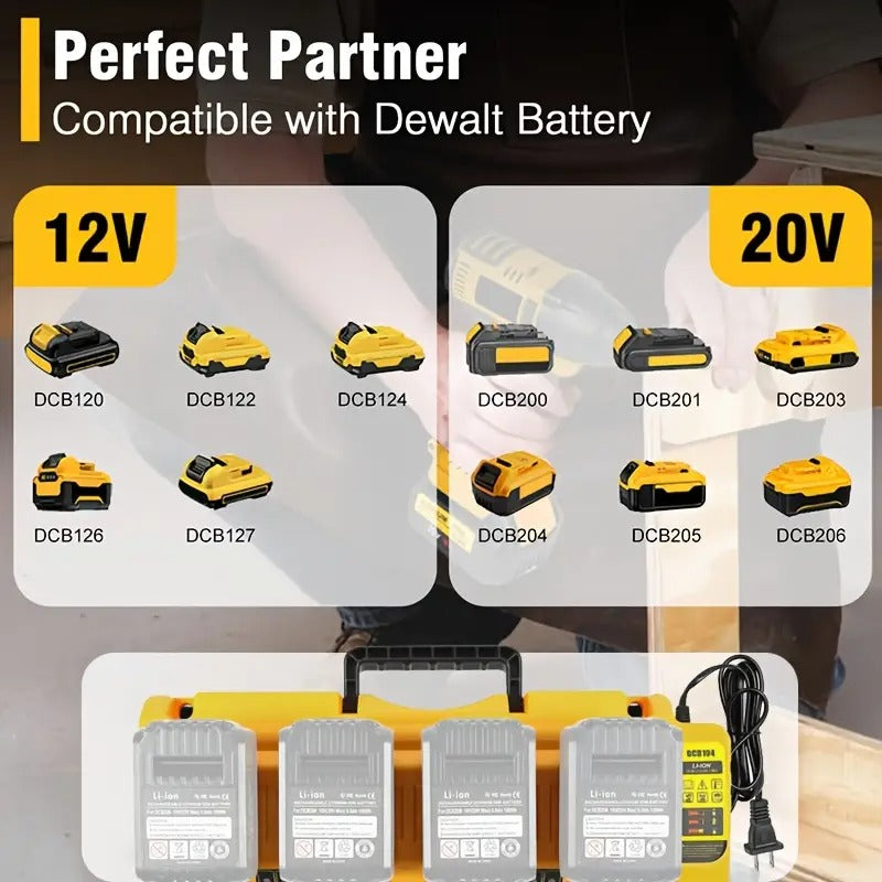 4-Port Replacement Rapid Charger for Dewalt Charger DCB104 with 2 USB Ports, for Dewalt 12V/20V Max Battery DCB127 DCB200 DCB204 DCB205 - Battery Charger, Charging Station for Jobsite