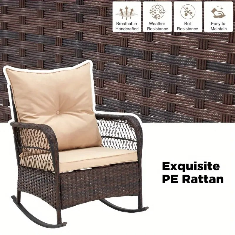 [Outdoor | Rattan] 3pcs Outdoor Rocking Bistro Set | Pation Rattan Furniture Set of 3 with 2 PE Rocking Chairs and 1 Tempered Glass Coffee Table | for Porch, Garden, Beige/ Blue/ Gray