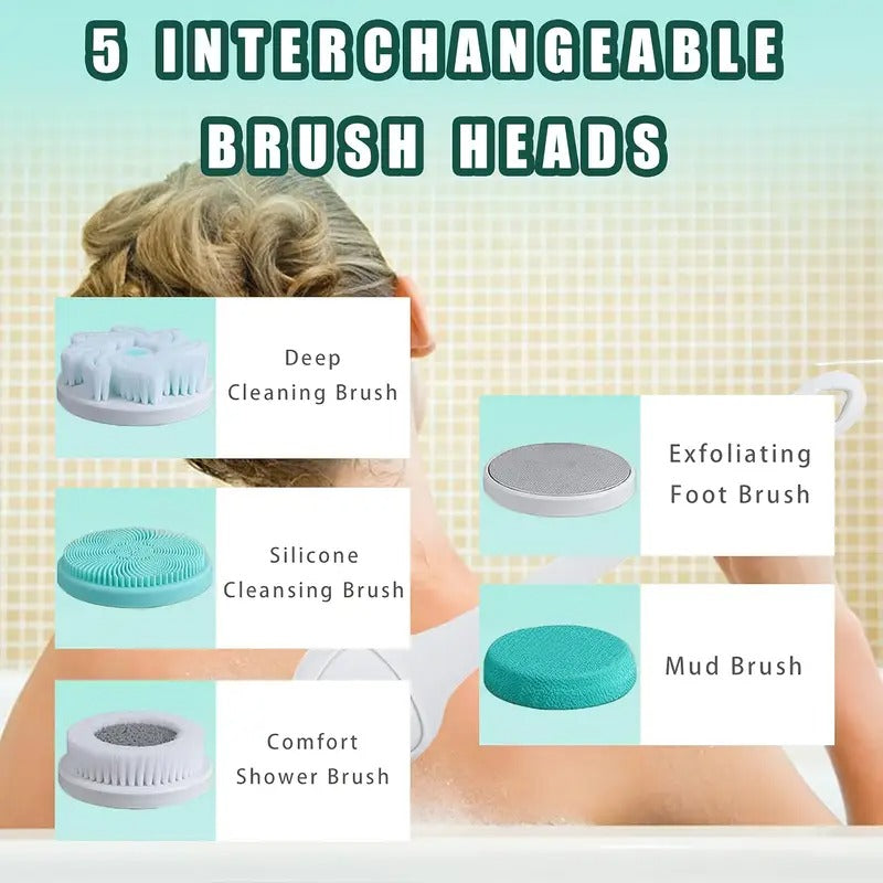 [Rechargeable Shower Brush] 6-in-1 Rechargeable Electric Shower Brush Set | Full Body & Back, USB Powered, 1500mAh Lithium Battery, Detachable Long Handle, Exfoliating Silicone Brush, Rotating Facial Scrubber Head - Ideal Gift
